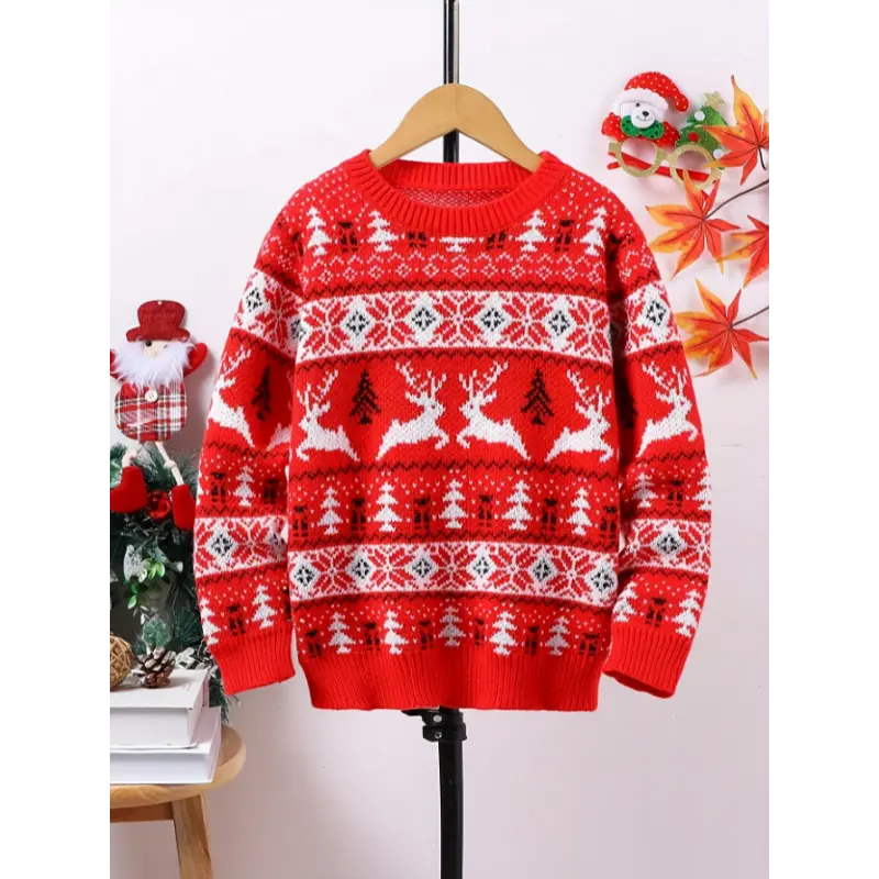 Men's Christmas Knit Thermal Pullover - 1pc Sports & Outdoor Clothing, Polyester-Rayon-Nylon Medium Stretch Fabric, Festive Reindeer & Tree Print, Warm Long Sleeves, Round Neck, Regular Length, Autumn/Winter Casual Use, Hand Wash, Do Not Dry Clean