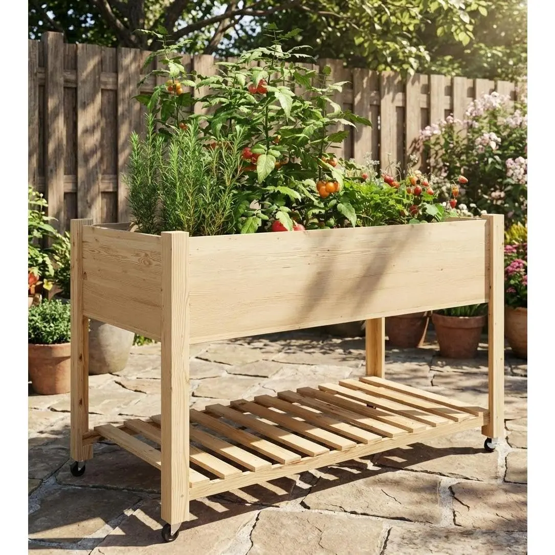Garvee Tall Wooden Raised Garden Bed with Wheels & Storage, 48x24x32 Inch Elevated Planter Box with Waterproof Liner, Mobile Indoor/Outdoor Planters for Vegetables, Herbs, Flowers on Patio, Balcony & Yard