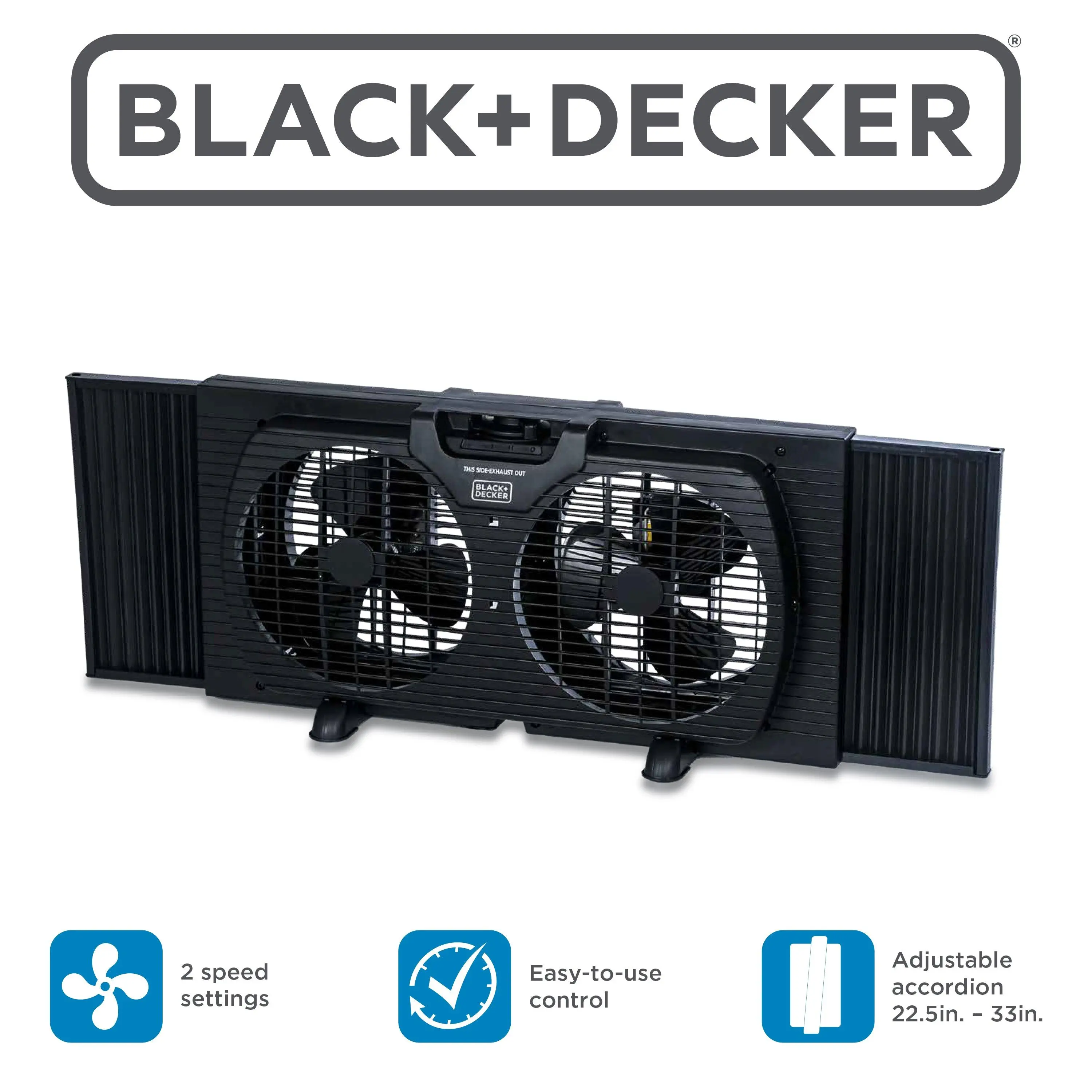 BLACK+DECKER 9" Adjustable Dual Window Fan (BFW9MB, Black) - 2 Speed Settings, Twin Heads, Mechanical Dial Control, Removable Legs, Carrying Handle, Rust-Proof, for 22.5" x 4" x 12.6" Sliding Windows up to 33" W with Accordion Expanders, Attic Use