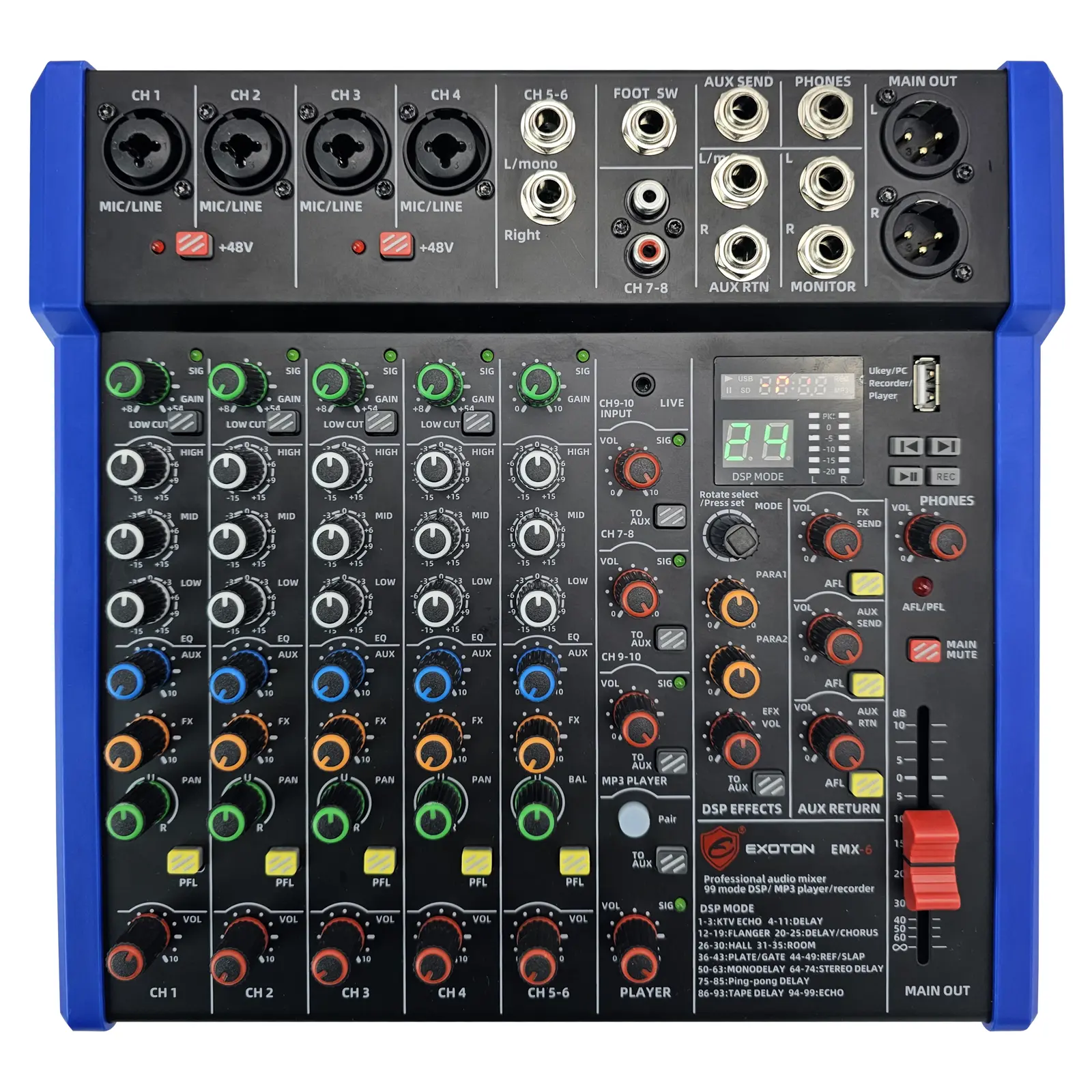EXOTON Professional Audio Mixer Console, 6 Channel with USB, Bluetooth, MP3 Input, 48V Phantom Power, Ideal for Studio, Live Performance, and DJ Use