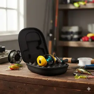 Waterproof Portable Fishing Reel Cover, Hard Shell Line Storage Box, Shockproof Scratch-Resistant Case for Baitcasters Spinning Reels. Lightweight Tackle Accessories, Ambidextrous Universal Reel Bag.