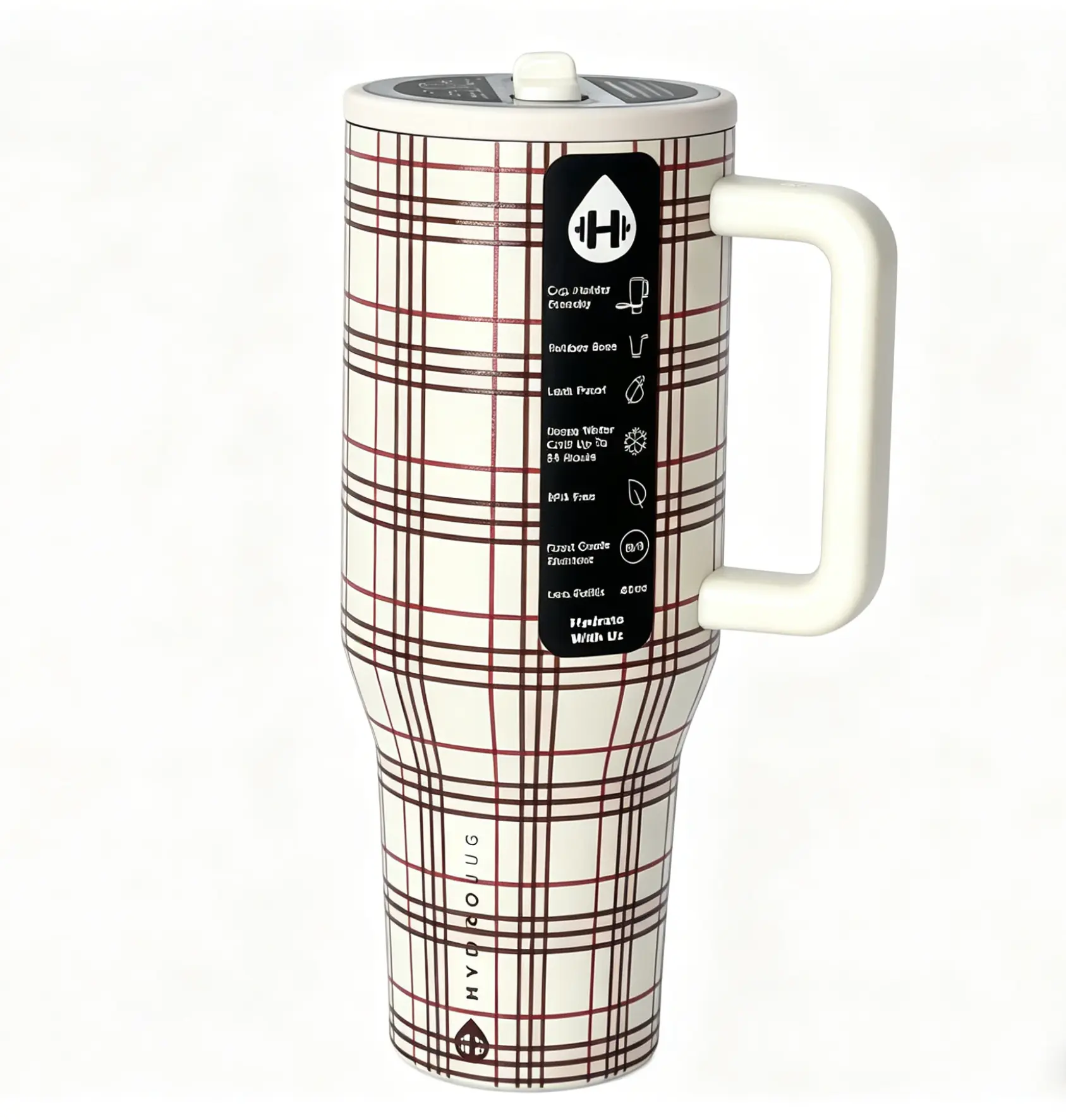 HydroJug 40oz (1,000-2,000 ml) Portable Stainless Steel Sports Tumbler - Modern Khaki Plaid, Ergonomic Handle, BPA-Free, Leak-Proof, 7-12 Hours Insulation, Ideal for Sports & Outdoor Activities, Anti-Scalding