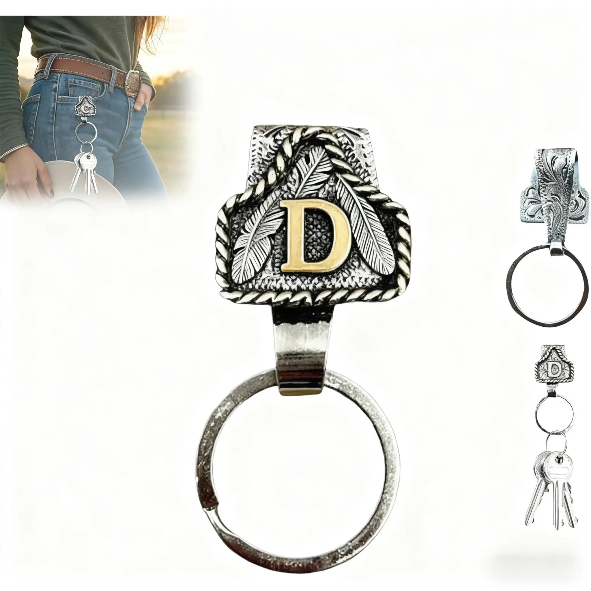 Vintage Western Cowboy Letter D Keychain Handmade Metal A-Z Initial Legend Key Ring for Pocket or Belt Rustic Classic Design Bestie & Bridesmaids