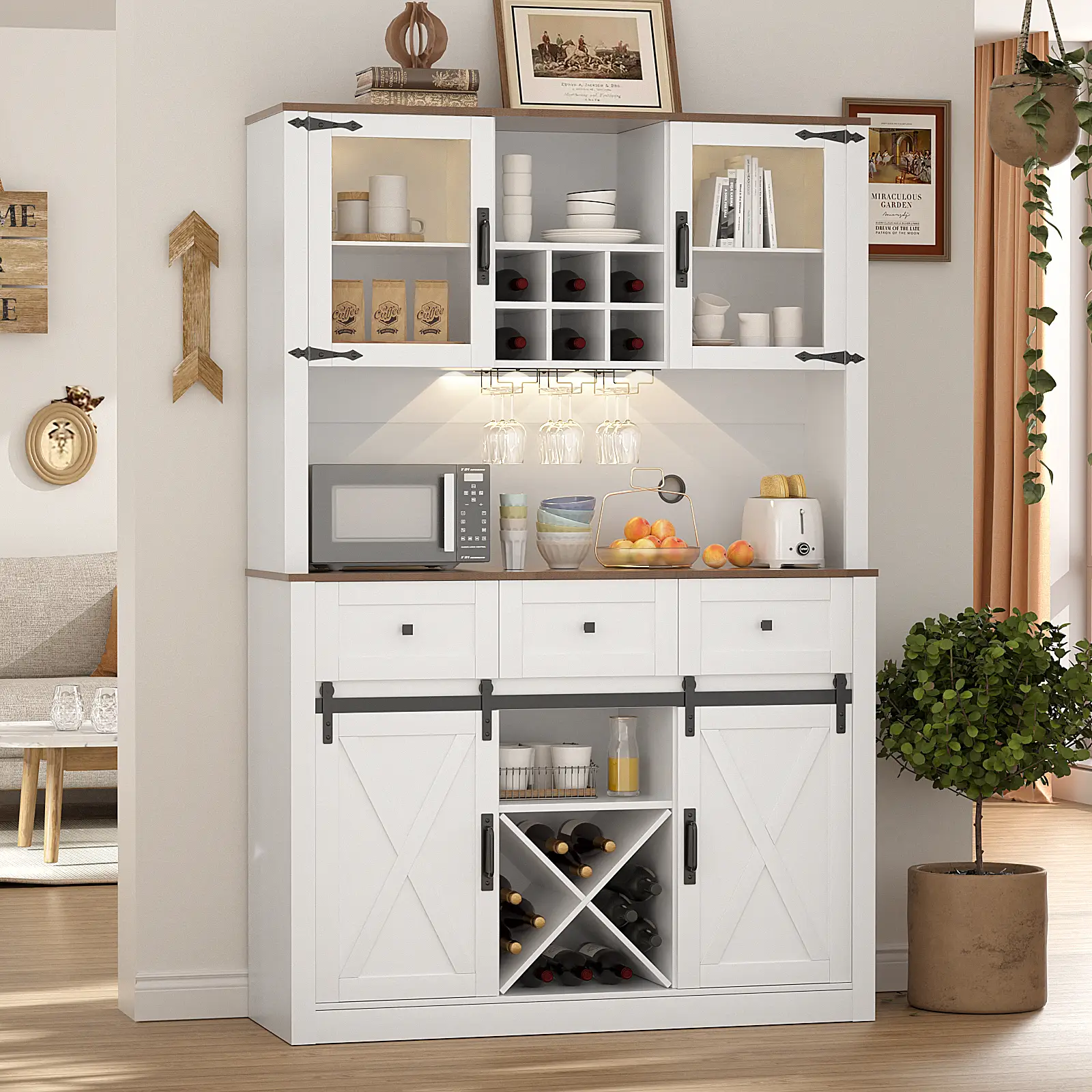 VOWNER Farmhouse Bar Cabinet with Sliding Barn Door, Sideboard Buffet Cabinet for Wine & Glasses Rack, storage cabinets for Kitchen & Dining Room