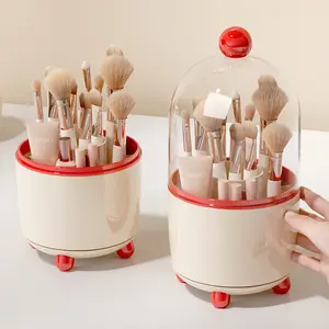 Rotating Makeup Brush Holder with Lid, Cute Dustproof Organizer, 360° Display Storage Box for Dressing Table, Kawaii Beauty Storage Gift