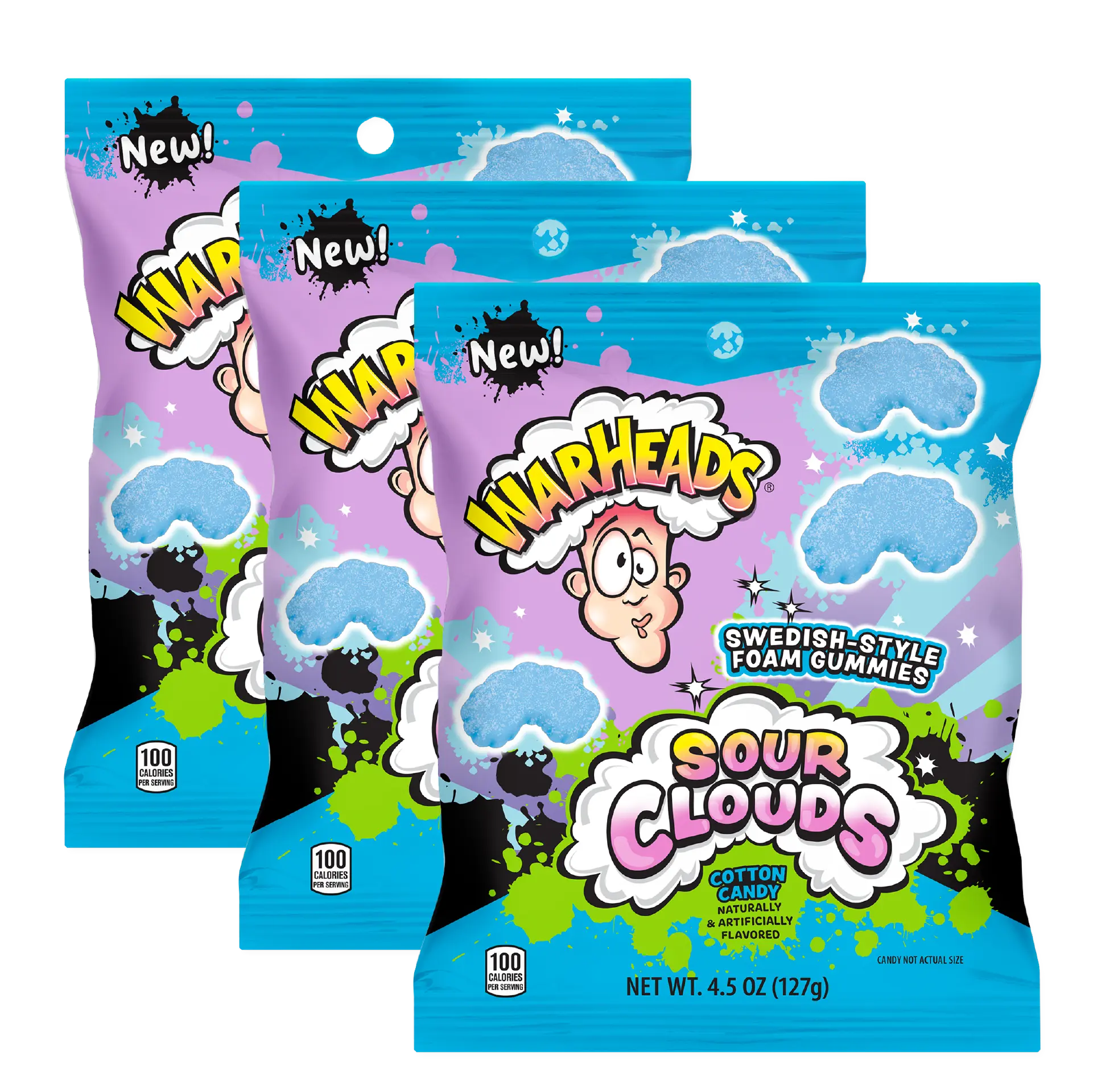 Warheads Bundle: 3 - Cotton Candy & 3 - Peach Sour Clouds - Swedish Style Foam Gummy Candy - 4.5 oz Peg Bag - 6 Pack Mix