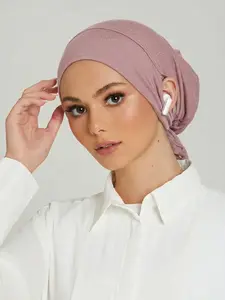 1PC Fashion Soft Solid Modal Jersey Tie-Up Inner Cap with Pierced Ears, Elegant Women's Ear-Pierced Undercap, Sun Protection Breathable Inner Headband, Suitable for Daily Hijab Turban Hijab Modesty