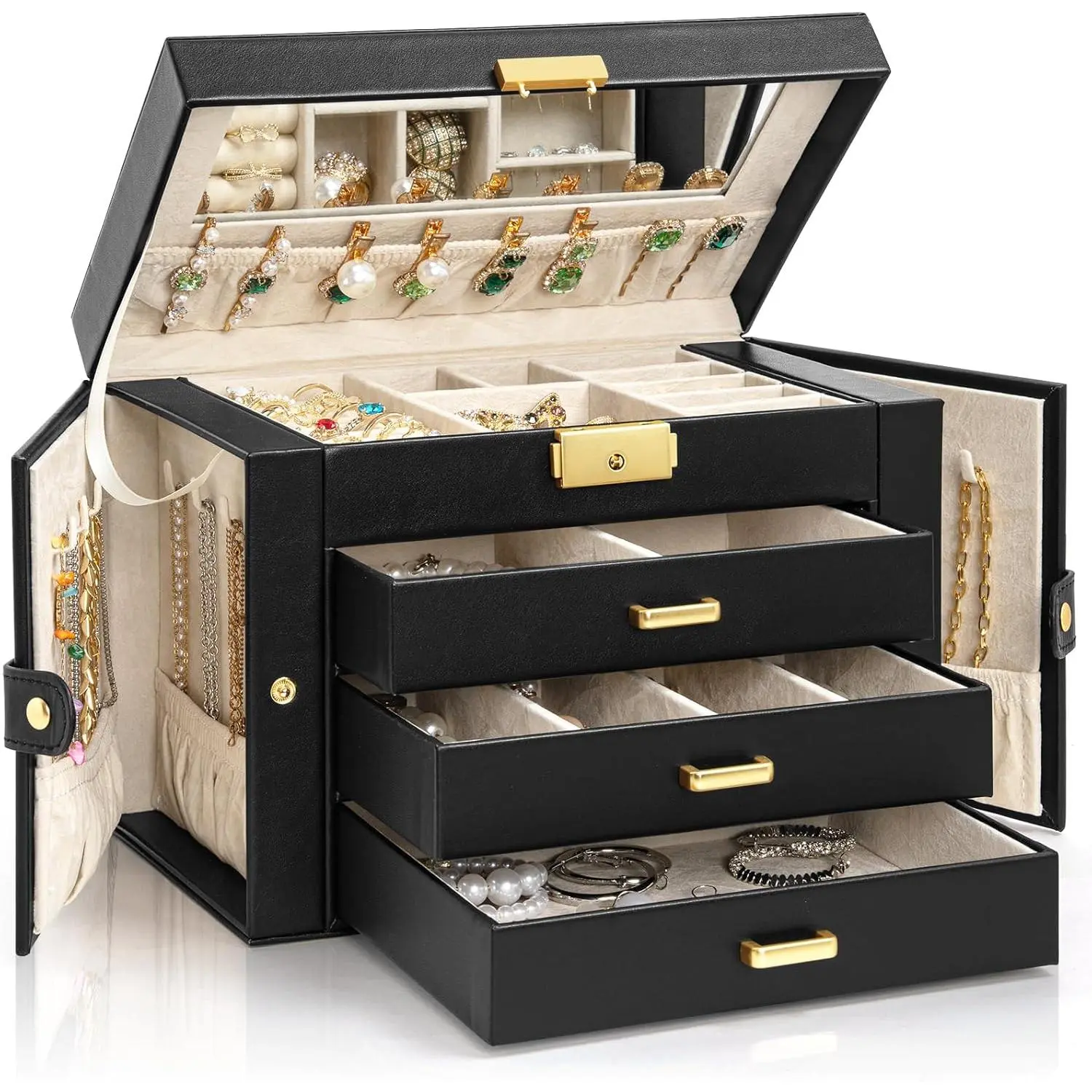 Large 4-Tier  Box Leather  Storage Organizer with 3 Drawers Lockable for Women Girls Ring Necklace Earring Bracelet Watches Holder with Mirror Black