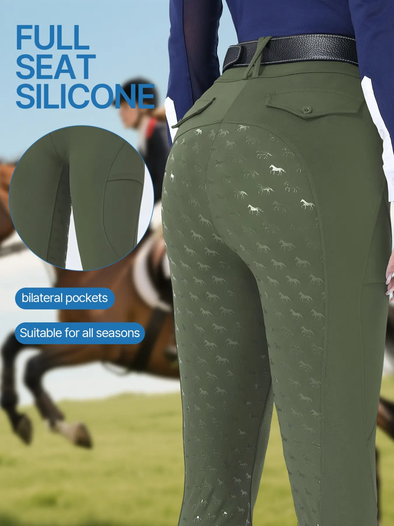 Women's Equestrian Pants with Side Pockets, High Elasticity Quick-Dry Riding Trousers, Full Seat Silicone Anti-Slip Durable Horseback Riding Gear, Suitable for All Seasons, Outdoor Sport