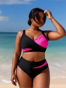 Casual Plus Size High Waist Two Piece Bikini Set Black Pink Color Block Tropical Style Beachwear