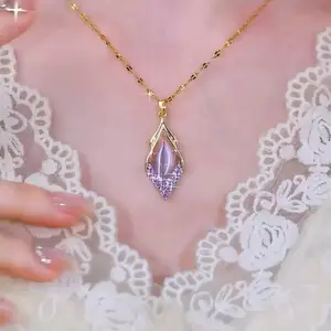 LisiZen Purple Rhombus Necklace for Women, 2025 New Trend Pendant, Chic Minimalist Fashion Statement Collarbone Chain Jewelry Elegant Glamour DZXL3552 Gold Plated Sparkling Crystal Accents