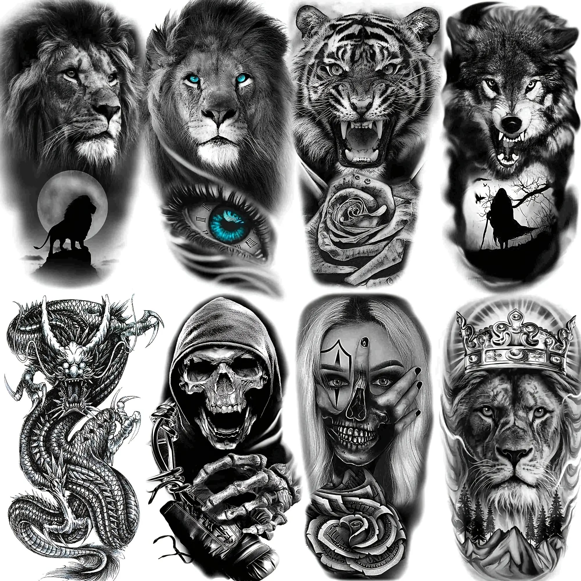 8 Sheets 3D Tribal Wolf Lion Tiger Temporary Tattoos, Men Adult Half Arm Sleeve Tattoo, Dragon Gang Eyes Totem Fake Tattoo Stickers, Ephemeral Tattoos, Waterproof Temporary Tattoos