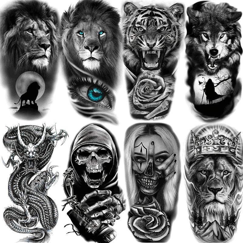 8 Sheets 3D Tribal Wolf Lion Tiger Temporary Tattoos, Men Adult Half Arm Sleeve Tattoo, Dragon Gang Eyes Totem Fake Tattoo Stickers, Body Fake Tattoos
