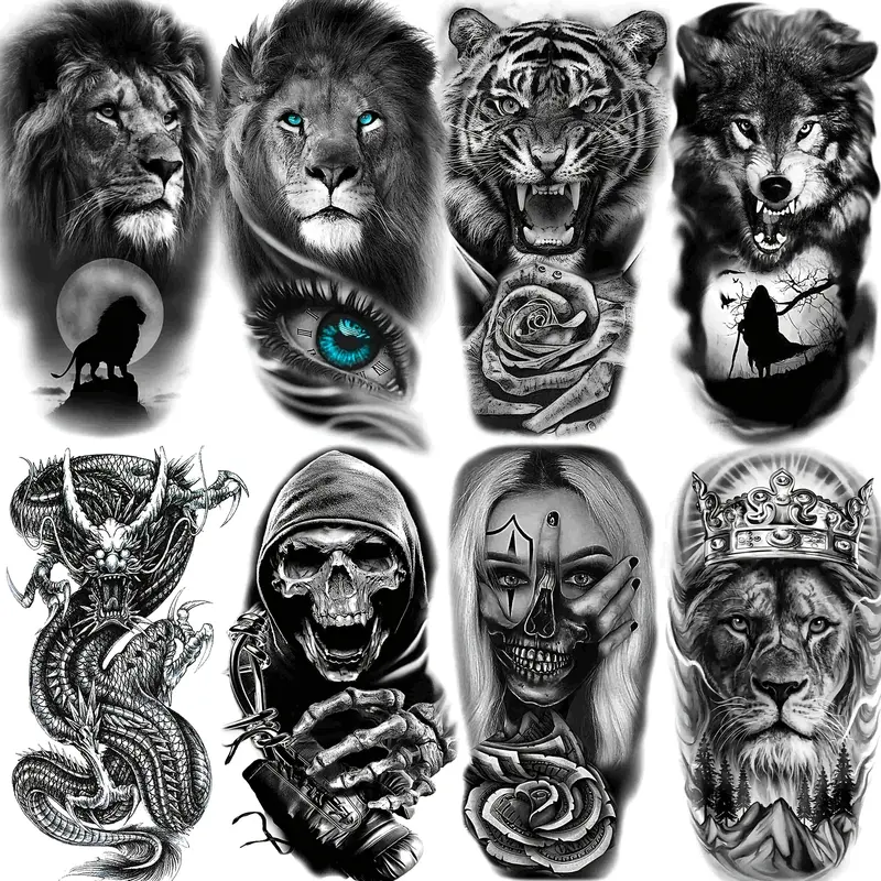 8 Sheets 3D Tribal Wolf Lion Tiger Temporary Tattoos, Men Adult Half Arm Sleeve Tattoo, Dragon Gang Eyes Totem Fake Tattoo Stickers, Body Fake Tattoos