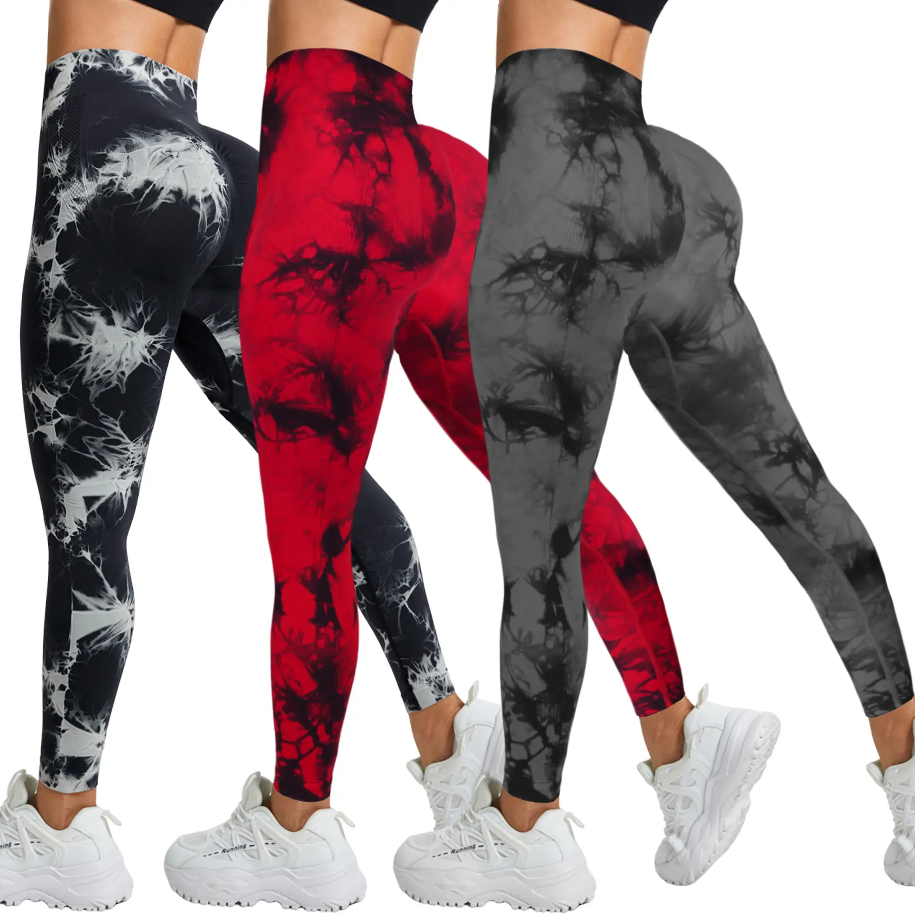 Women's All Over Print Tie Dye High Waisted Yoga Leggings - Seamless, Butt Lifting, Stretchy Non-See-Through, Abdominal Compression, Athletic, Body-Fitting Tights for Gym, Running (Black/Red/Deepgrey-3pcs), Abdominal Compression Women's Sports Leggings, A