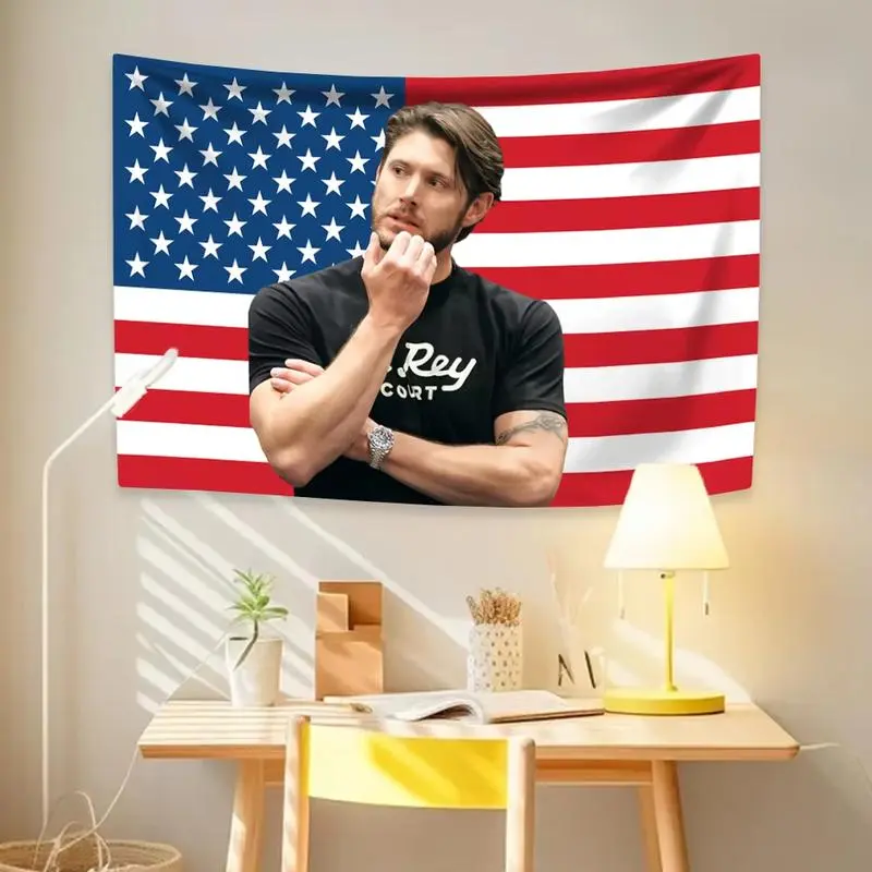 Colorful Jensen Ackles American Flag Tapestry, Size 60x40in Famous Actor Wall Tapestries, Home Decor Wall Mural for Bedroom Fans Gift, Tapestry Wall Mural