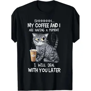 SHHHHH... My Coffee and I Are Having a Moment - Funny Cat Graphic T-Shirt for Coffee Lovers, Cute Gray Tabby Cat with Coffee Cup Design - Ideal Gift for Cat Parents, Coffee Enthusiasts, Relaxed Casual Wear