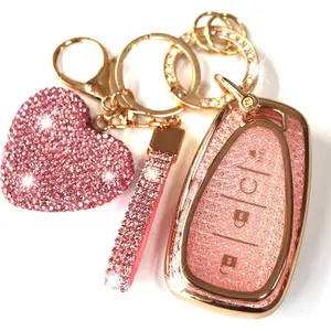 Key Fob Cover for Chevy with Diamond Keychain for Women Car Key Holder Compatible with Chevrolet Equinox Malibu Cruze Traverse Camaro Trax Blazer Volt Bolt Protector, 4 Buttons (Pink-Heart)