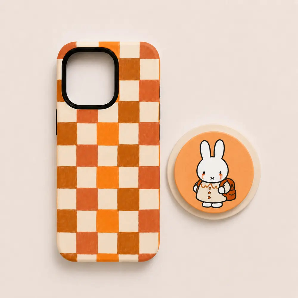 [Matching Set] Cute Halloween Miffy MagSafe Case & Phone Grip Set - Spooky Season & Back To School Orange Checkered Phone Holder Bundle - Aesthetic Checkered Accessory Set