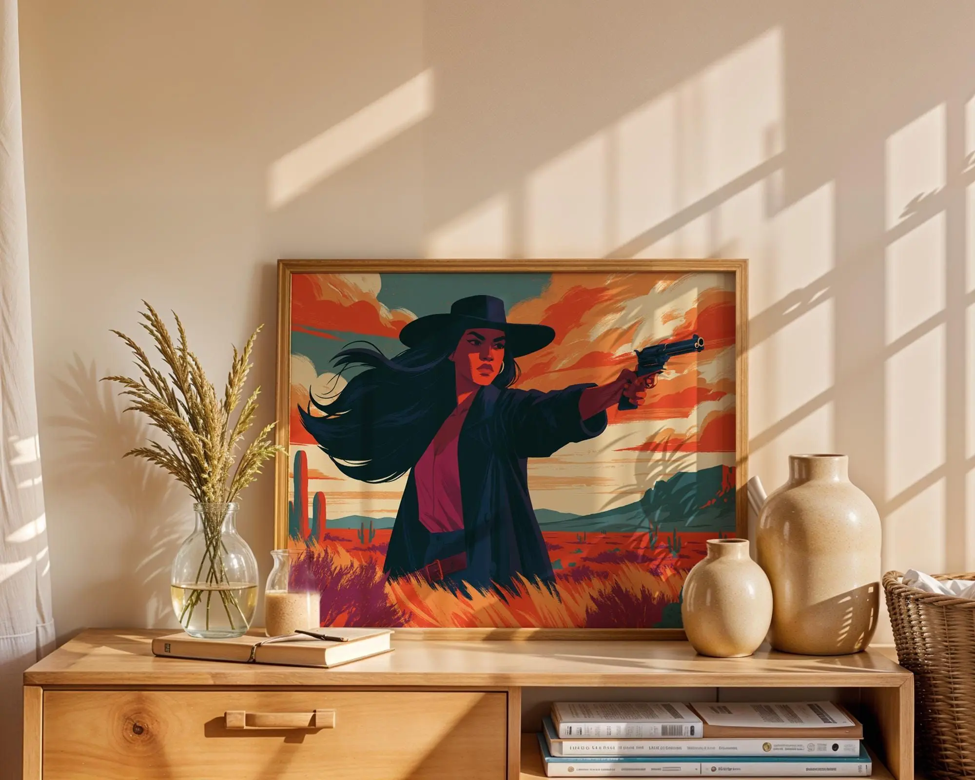 [SALE UP TO 40%] [Unframed] Cowgirl with Revolver Art Print, Bold Western Wall Art, Outlaw Gunslinger Desert Poster, Vintage Comic Decor, Wild West Cowgirl Lover Gift