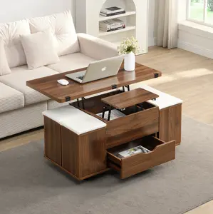 Multi-Functional Lift-Top Coffee Table with Hidden Storage and Stools,Multi-Function Modern Center Table with 4 Stools and Casters,Perfect for Modern Living Spaces-Walnut & White Color