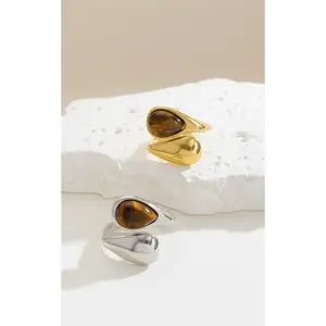 Letig Gold-Plated Stainless Tiger’s Eye Split Steel Ring Jewelry