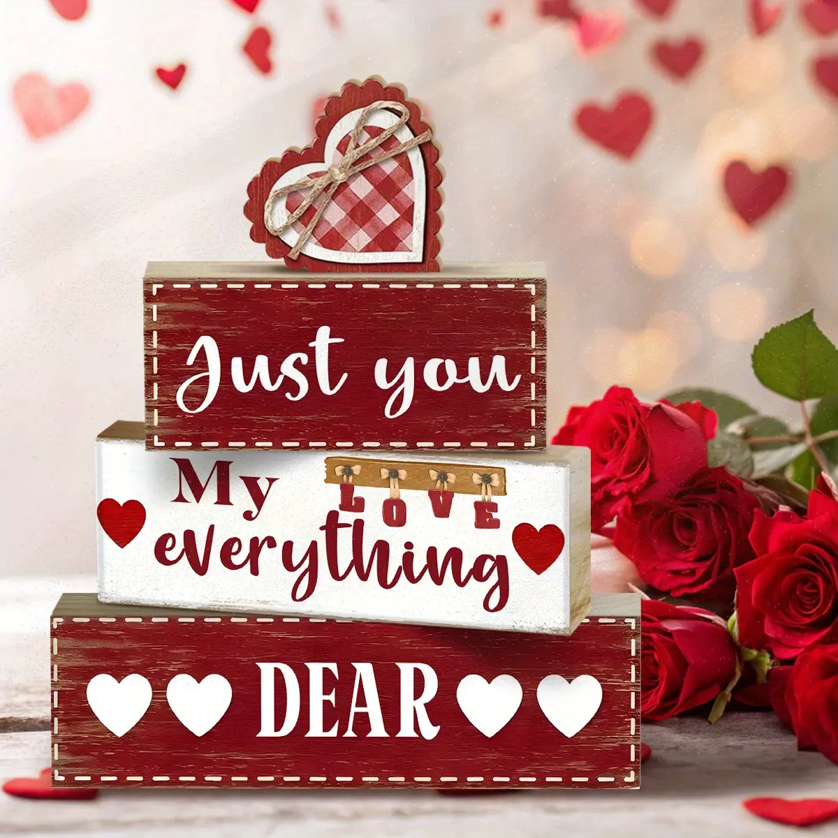 4 Pcs Valentine Table Decor Wooden Red Love Decoration, Valentine's Day My everything Centerpiece, Sweet home Tiered Tray Decor Red Heart Block Signs Gift for Farmhouse Home Kitchen, valentine's day display set