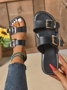 Women's Fashionable Solid Color PU Leather Double Band Slides, Casual Comfortable Flat Sandals for Summer, Lightweight Breathable Shoes for Daily Wear, Girl, Open Toe Sandals, Multi Strap Sandals