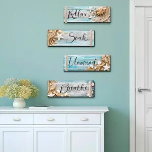4 Pieces Ocean Beach Bathroom Wall Decors Wood Relax Soak Unwind Breathe Art Sign Hanging Seashell Starfish Wooden for Living Room Laundry Spa Washroom (11.8 x 4 in) Poster Light  garden accessories raised Ornaments Decoration Artistic