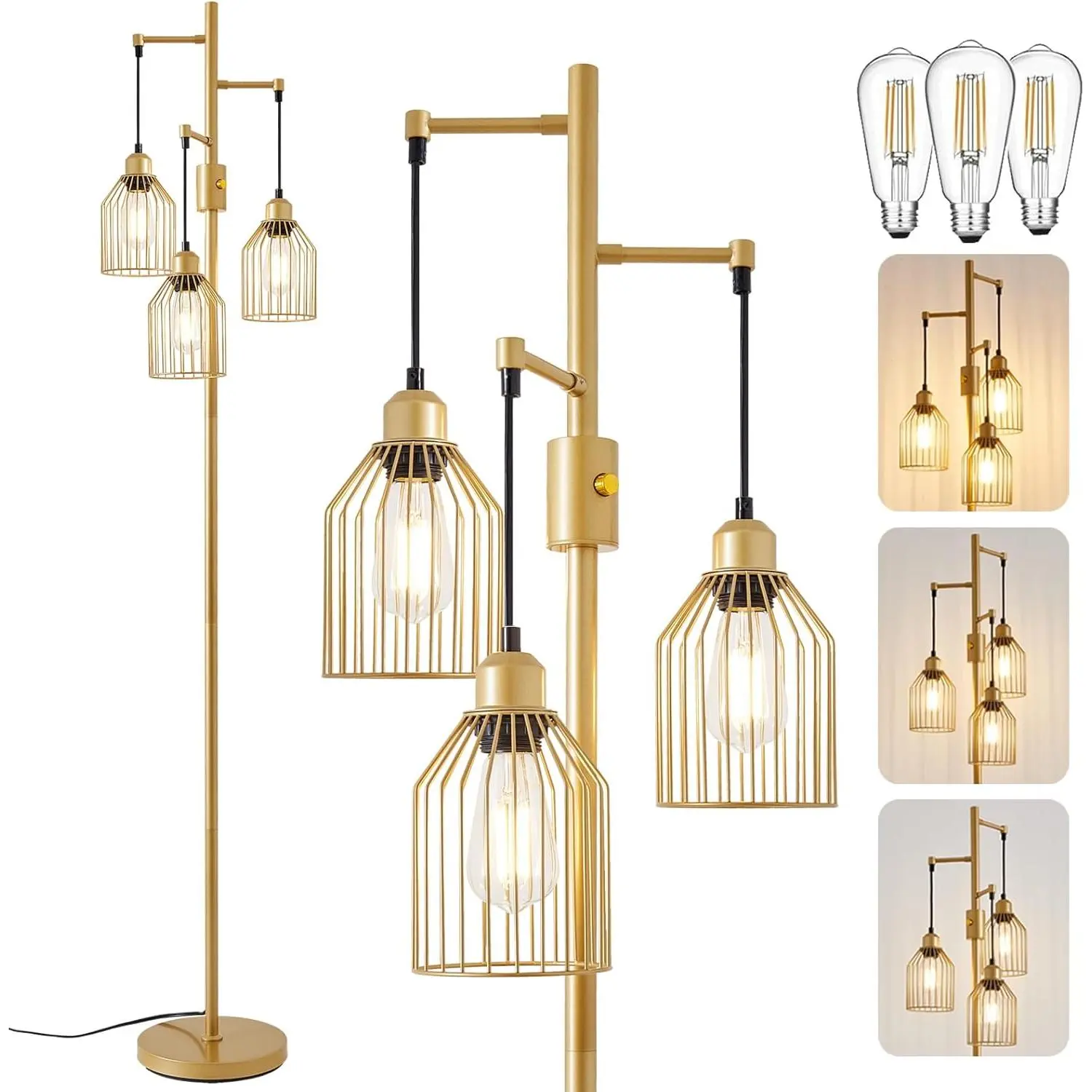 Dimmable Industrial Floor Lamp with Elegant Cage, 68.5" Standing Light for Living Room & Bedroom, 3 LED Edison Bulbs Included, Home Office Decor Light Fixture, Led Bulbs