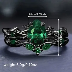 Emerald Leaf Ring Set for Women – Vintage Black Gold Plated Pear Cut Green CZ Stackable Rings