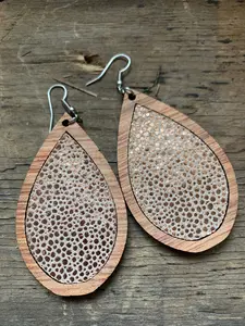 Rose Gold Stingray Leather Wood Teardrop Earrings