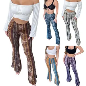 Women Floral Print Elastic Waist Flare Pants Casual High Waist  Long Pants Trousers Leggings Streetwear