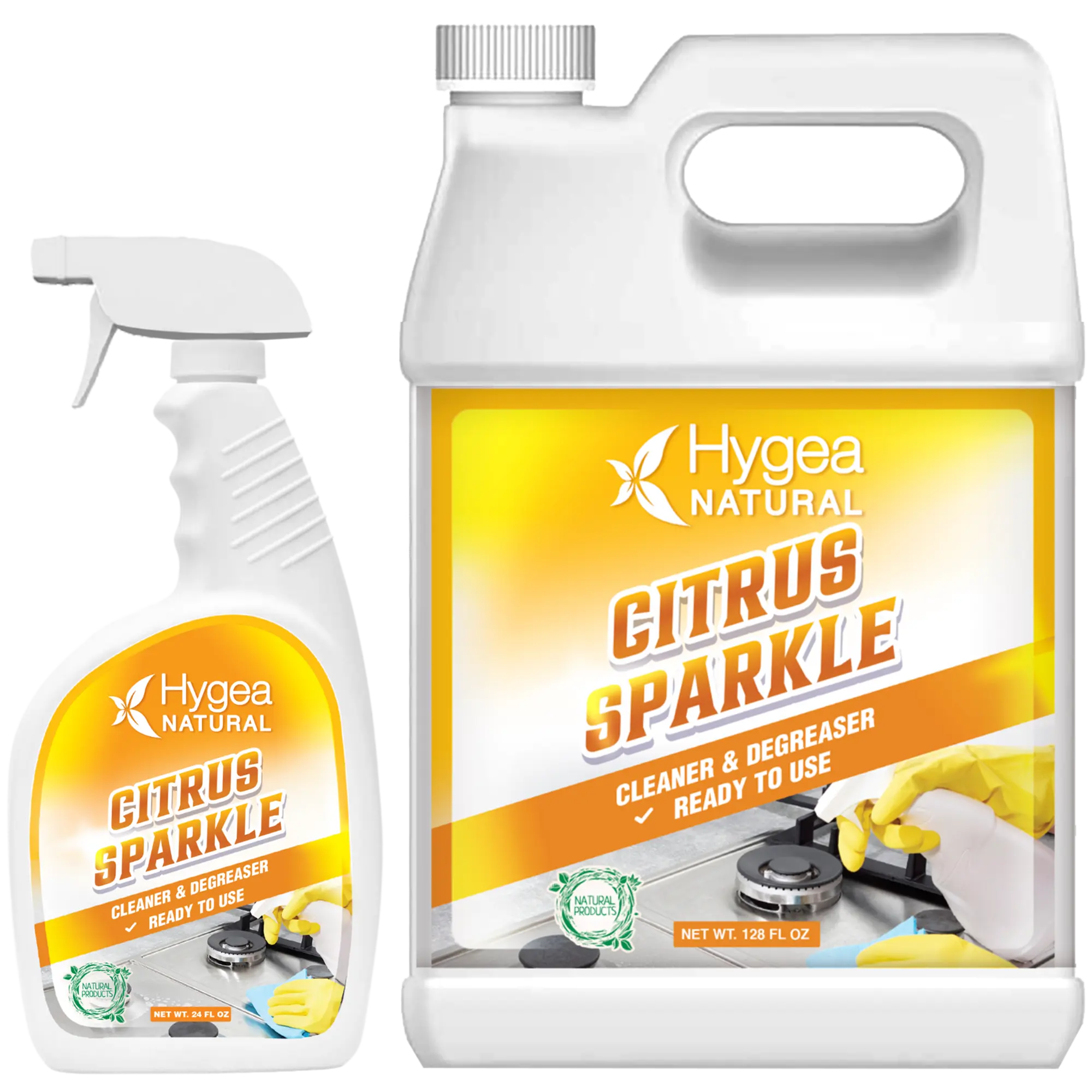 HYGEA NATURAL Citrus Sparkle Heavy Duty Degreaser Kit 24 oz Spray & 128 oz Refill Natural Grease Cutters Eco Friendly Family Safe Liquid Cleaner