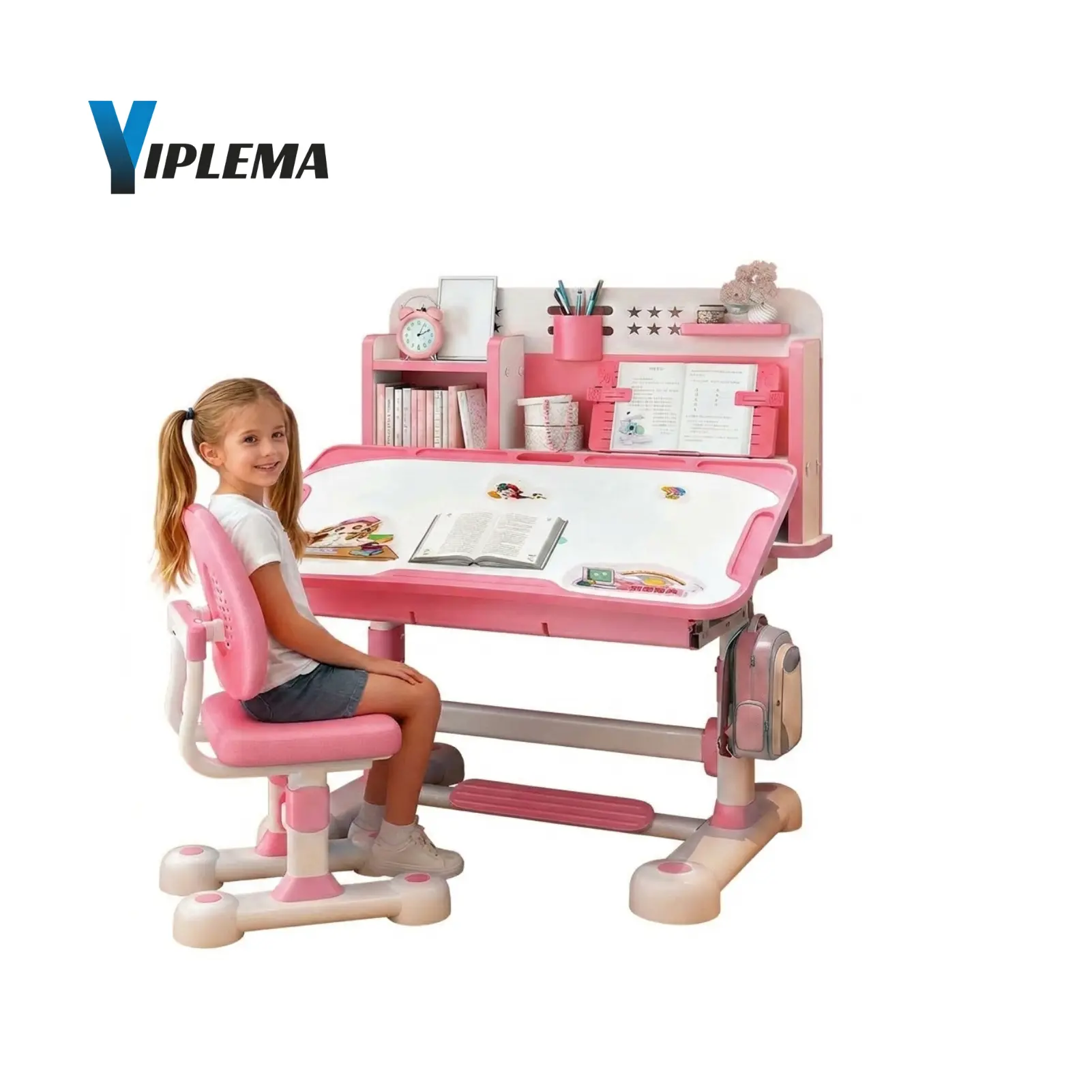 【Summerfinds】YIPLEMA Upgraded Kids Study Desk and Chair Set, Height Adjustable Kids Table and Chairs, Children School Study Homework Desk with Tiltable Desktop & Bookshelf, Ideal Gifts for Boys Girls 3-12, Bedroom