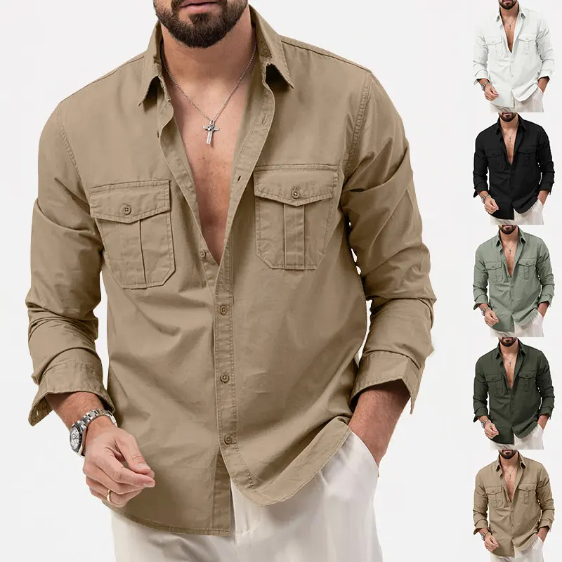 Men’s Multi Pocket Long Sleeve Shirt, Regular Fit Button Down Casual Workwear Top for Spring Fall, Office Commute, Work, Outdoor, Weekend & Daily Wear