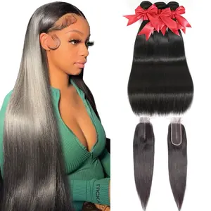 Straight hair bundles with front human hair, 10A grade Brazilian human hair, 3 bundles of hair, with 2x6  lace frontal, free parting, 100% unprocessed virgin hair straight weave