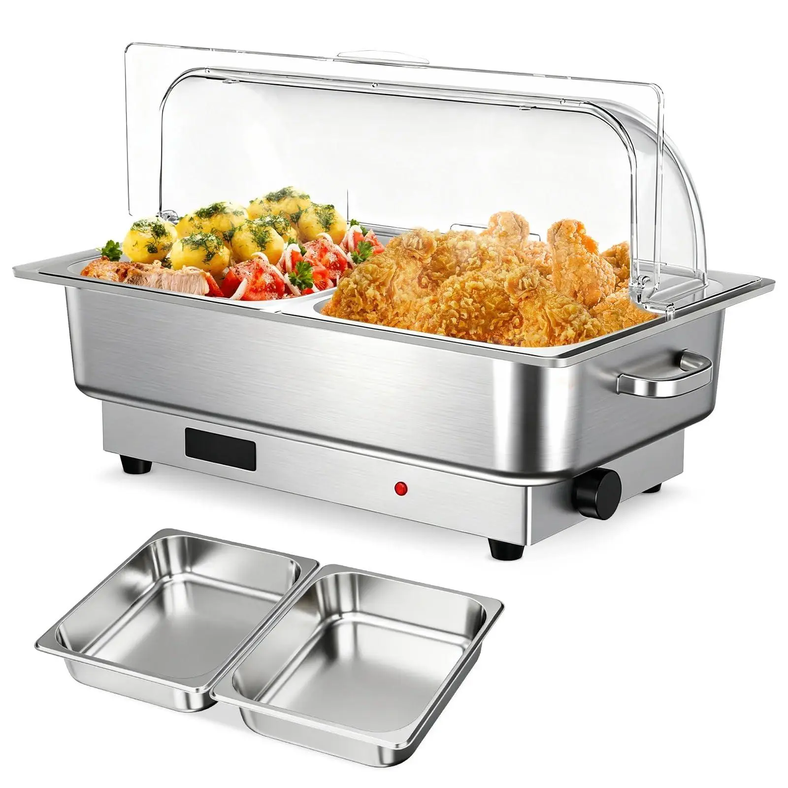 Electric Chafing Dish Buffet Set, 2 × 4.5 QT Roll Top Food Warmer with Transparent PC Lid, 400W Temperature Control 86-200°F, Stainless Steel Chafer for Catering Parties