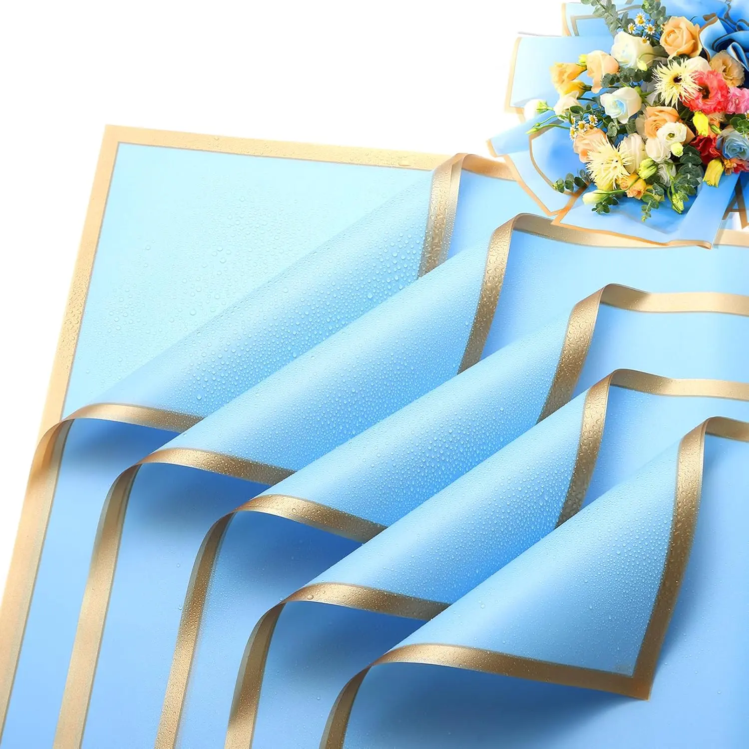 20 sheet Flower Wrapping Paper, floral wrapping paper for bouquets,DIY Florist Supplies Packaging Paper with satin ribbon for Wedding,Birthday,Valentine's Day(Blue