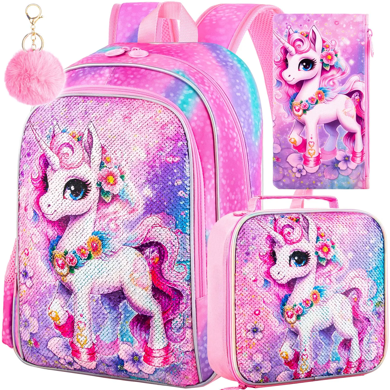 3PCS Unicorn Backpack for Girls, 16”Kids Sequin Bookbag with Lunch Box, Water Resistant School Bag for Elementary Preschool Toddler