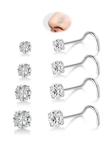 8 Counts Cz Nose Rings Studs - 20G Nose Screw Studs Silver Diamond Cubic Zirconia Corkscrew Rings Hypoallergenic Piercing Jewerly for Women Men 1.5mm 2mm 2.5mm 3mm Nose Piercing Jewelry