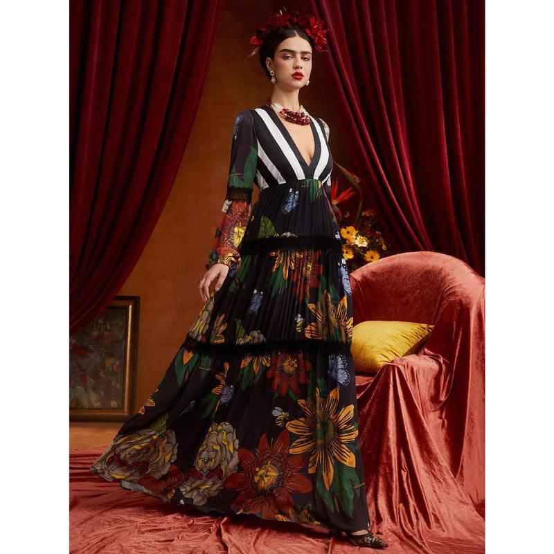 Frida Kahlo X SHEIN X Designer ISELACOS Floral Print Plunging Neck Lace Insert Dress Designer Elegant Dress, Fall Women Dress, For Autumn, Holiday, Party, Thanksgiving, Birthday Outfits, Spring, Festival