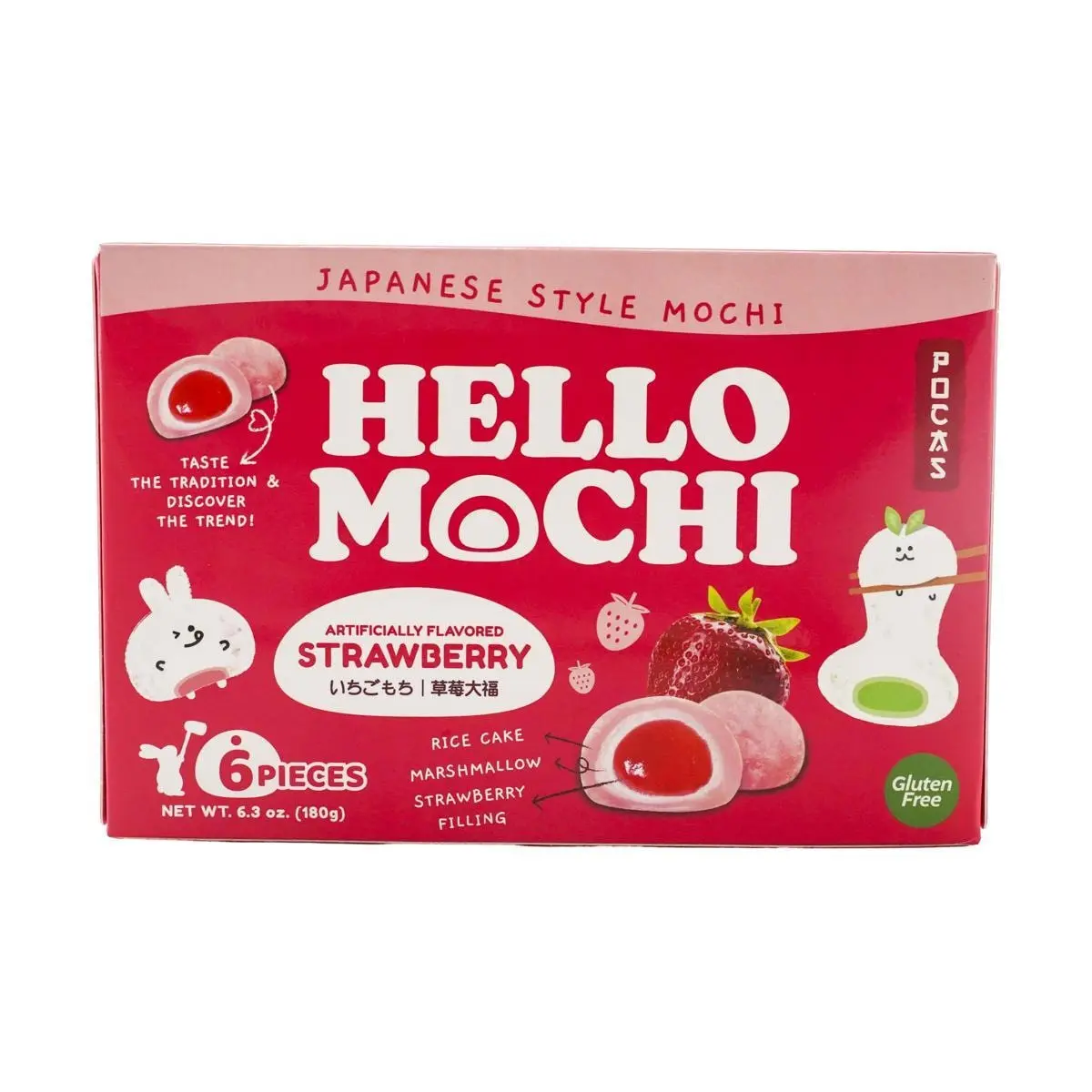 mochigo360ページ♡ POCAS Hello Mochi Strawberry Mochi,Gluten Free Vegan,6pieces 6.3oz
