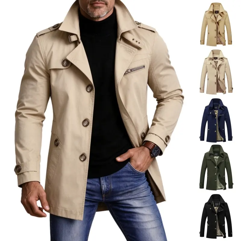 Men’s mid-length workwear trench coat, casual lightweight outerwear, men’s mid-length trench coat with a stand collar, workwear casual style, single-row button closure + side zipper pockets, available in multiple colors.Suitable for daily commuting and ou