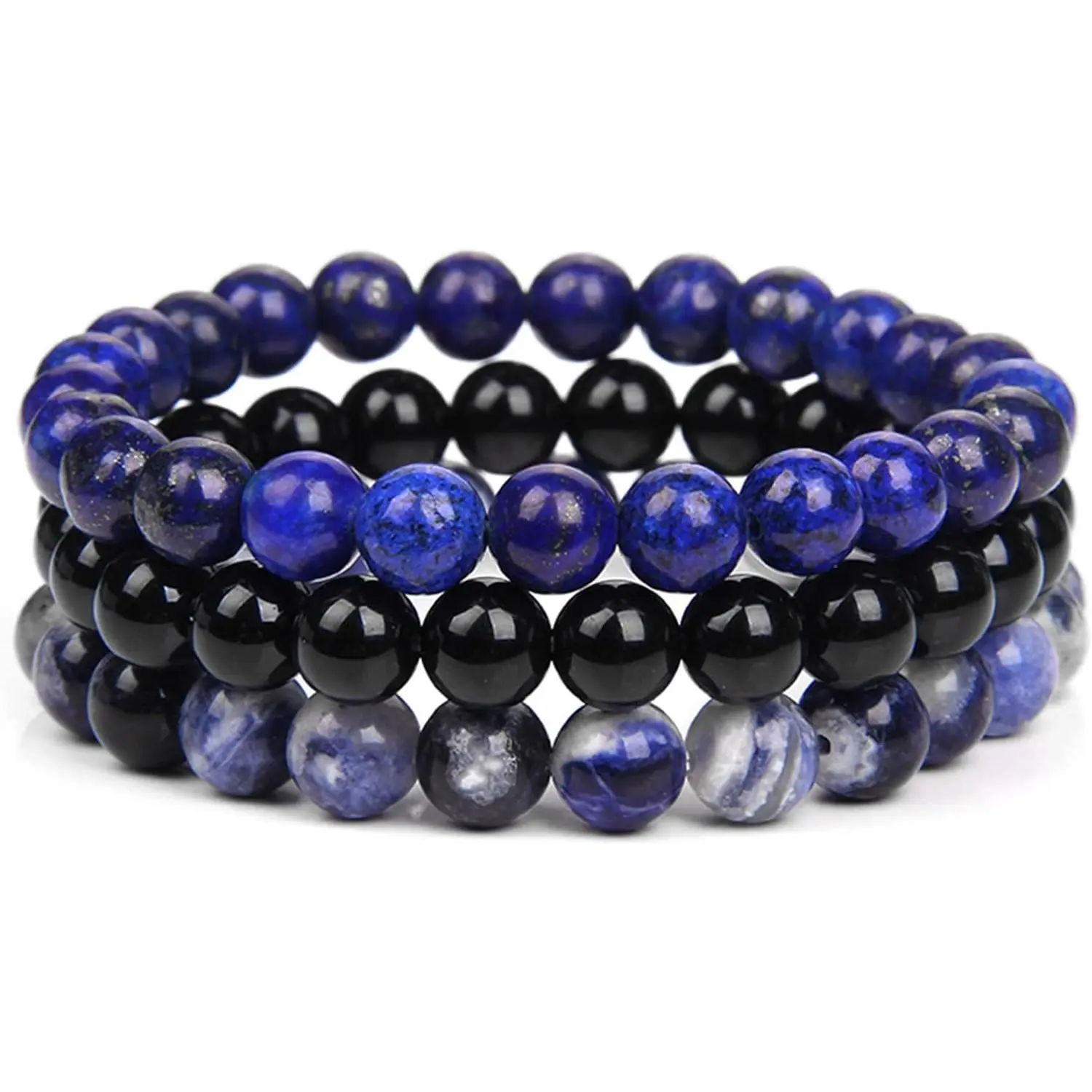 3Pcs 8mm Semi-Precious Gemstones Beaded Bracelets for Women Men Crystal Stone Bracelet Stretch Round Beaded Elastic Bracelets Unisex Jewelry