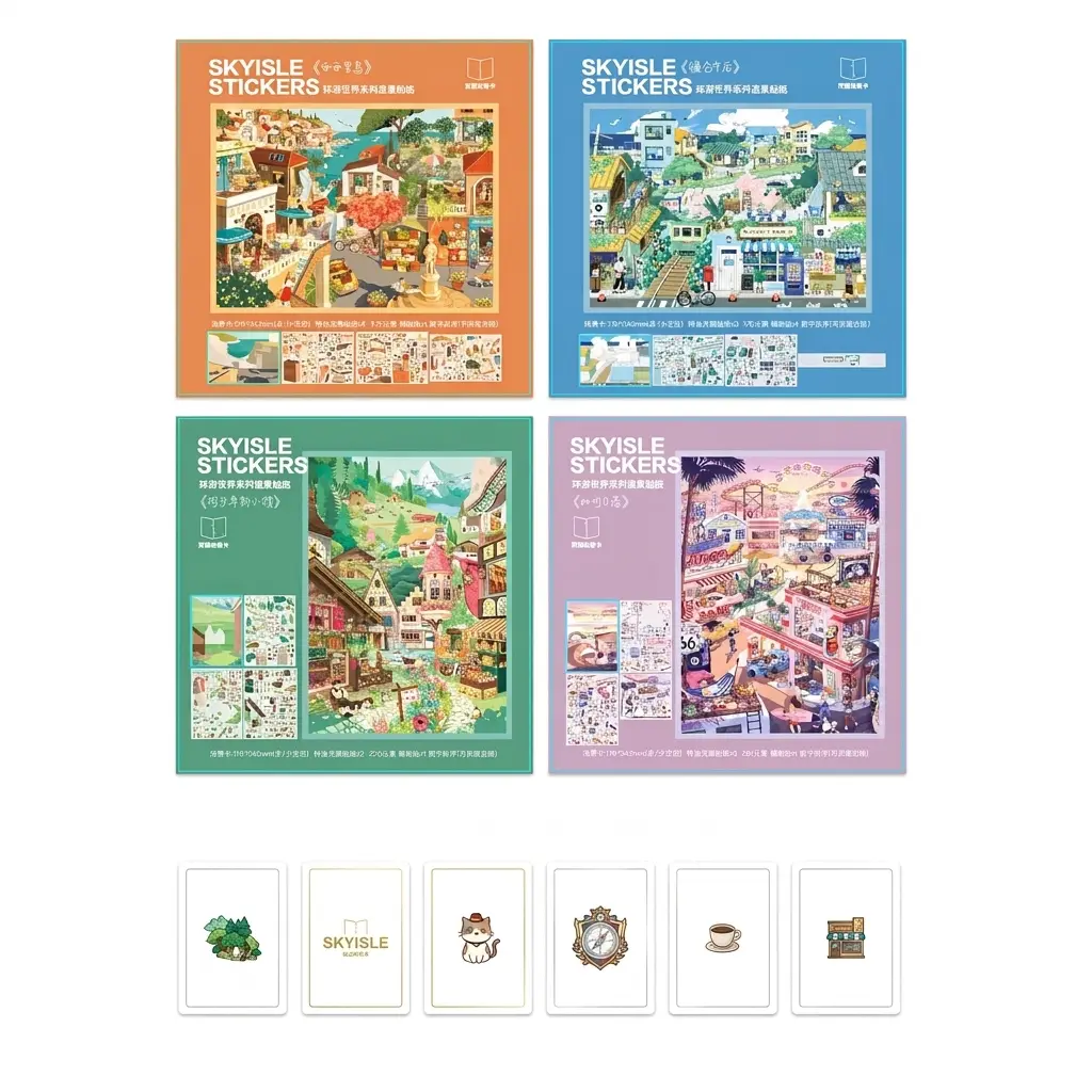 4-in-1 Global Travel Scene Sticker Set, DIY 3D Miniature Scenery Craft Kit with Glossy/Matte Waterproof Stickers, Pre-Cut Props, Tweezer (City, Beach, Mountain, Street Themes)