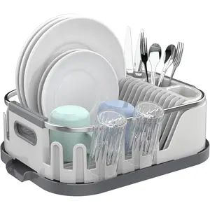 Dish Drying Rack for Kitchen Counter, Compact Dish Drainer with Drainboard, Utensil Holder and Cup Rack, Plastic Kitchen Drying Rack for Dishes, Cups, , Spoons and Forks, White