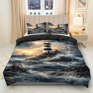 3PCS Duvet Cover Set, 1 Duvet+2 Pillowcases(Without filler), Lighthouse Ocean Sunset Stormy Waves theme, Christmas bedding set, Nautical Coastal Marine Seaside Suitable for decoration Bedroom Hotel Living Room Guest Room.