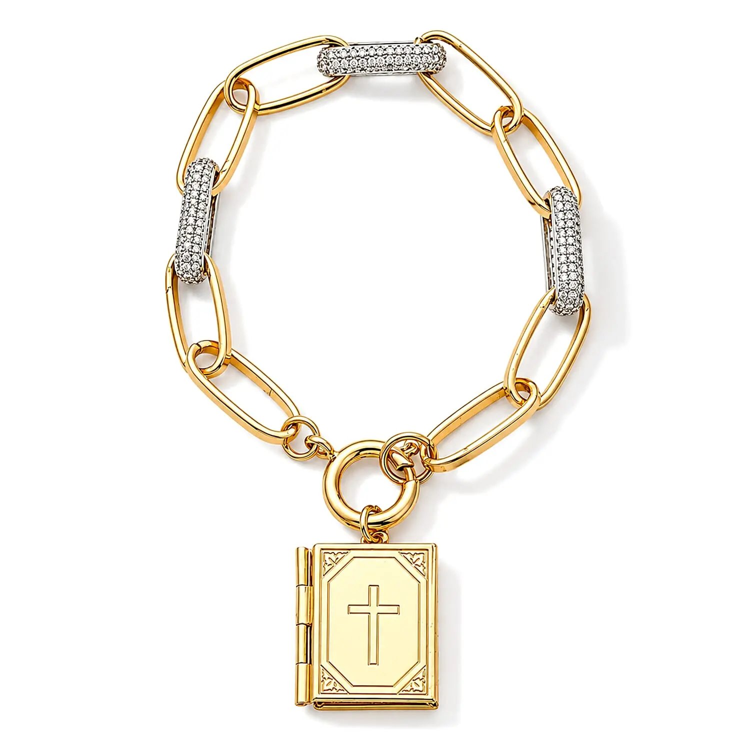 Simulated Diamond Bracelet with Bible Charm in Goldtone (7.75 In)