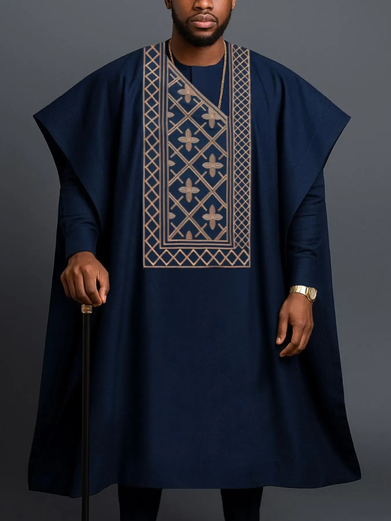 Men's Agbada Set 3 Piece, Clothing, Round Neck, Embroidered, Button Front, Long Sleeve, Pockets, Maxi Robe Hem Slit Top + Drawstring Waist Pants For Men
